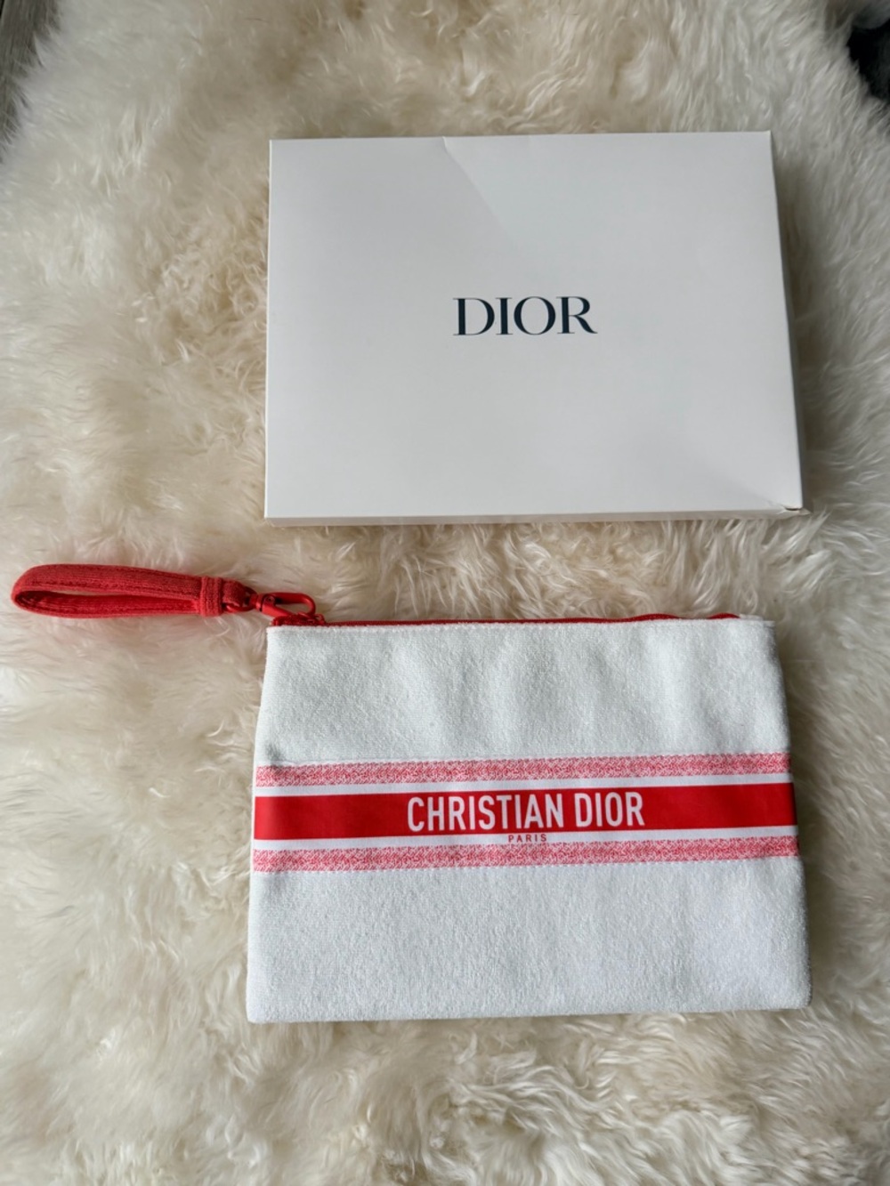 Dior Coral & White Terry Cloth Pouch w Wrist Handle. NEW in Original Box. GWP
